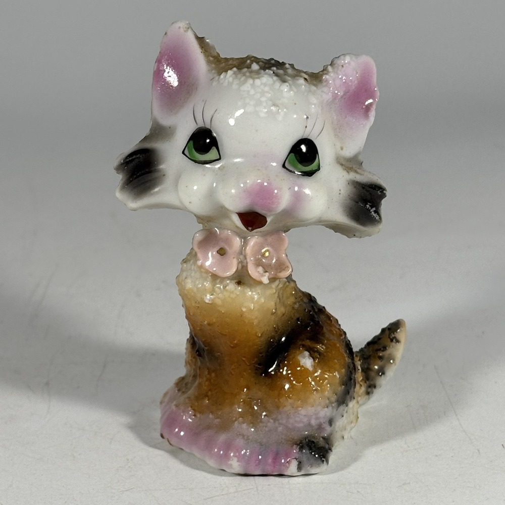 Vtg STAFFORDSHIRE Mcm Cat Kitten Sugar Glazed Striped Tabby Spaghetti Kitty 2.5"